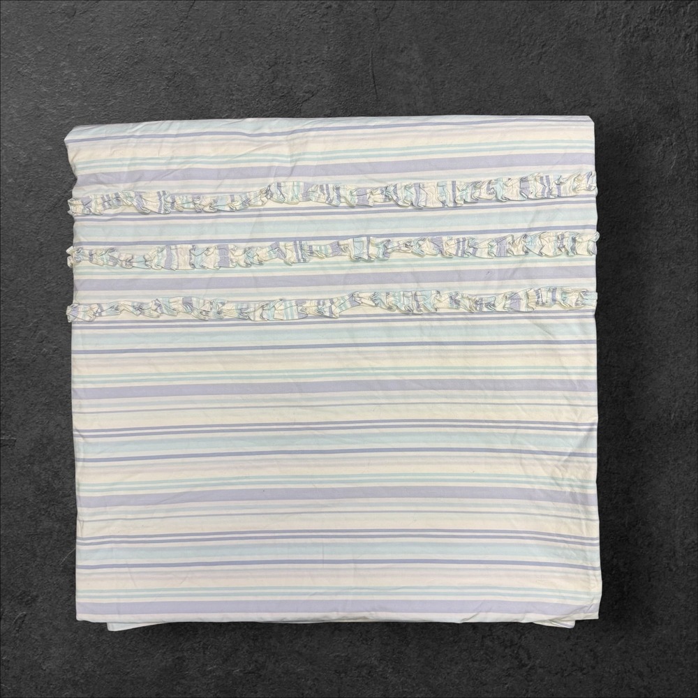 PBteen Full Queen Duvet Cover Blue Purple‎ White Striped Ruffle 100% Cotton